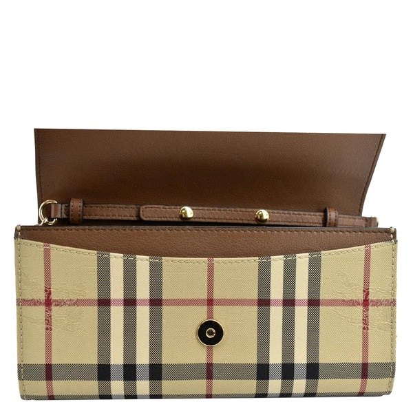BURBERRY Henley House Check Leather Wallet On Chain Crossbody Bag Brown