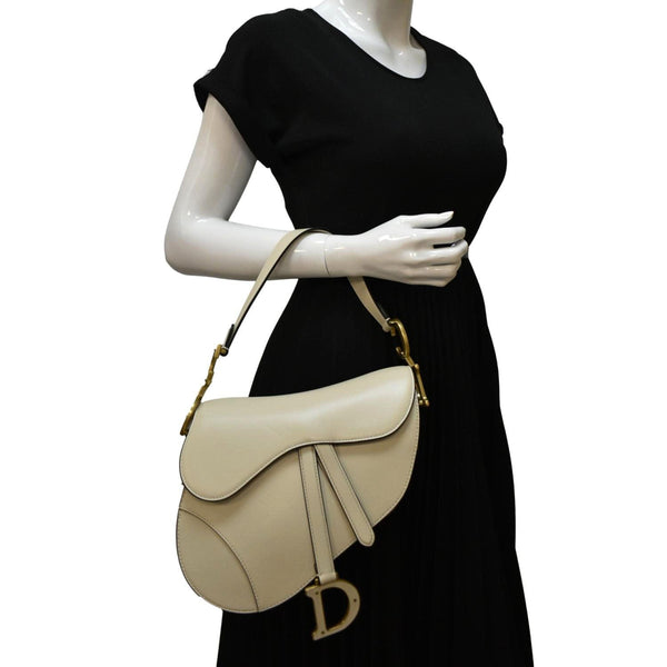 CHRISTIAN DIOR Saddle Smooth Calfskin Leather Satchel Shoulder Bag Dusty Ivory