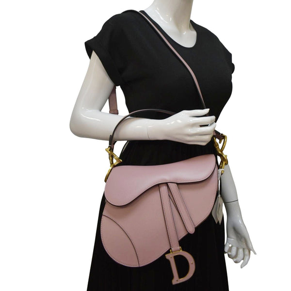 CHRISTIAN DIOR Saddle Smooth Calfskin Leather Satchel Shoulder Bag Antique Pink