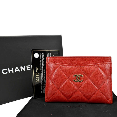 Chanel CC Card Holder Quilted Caviar Leather Wallet Red Color