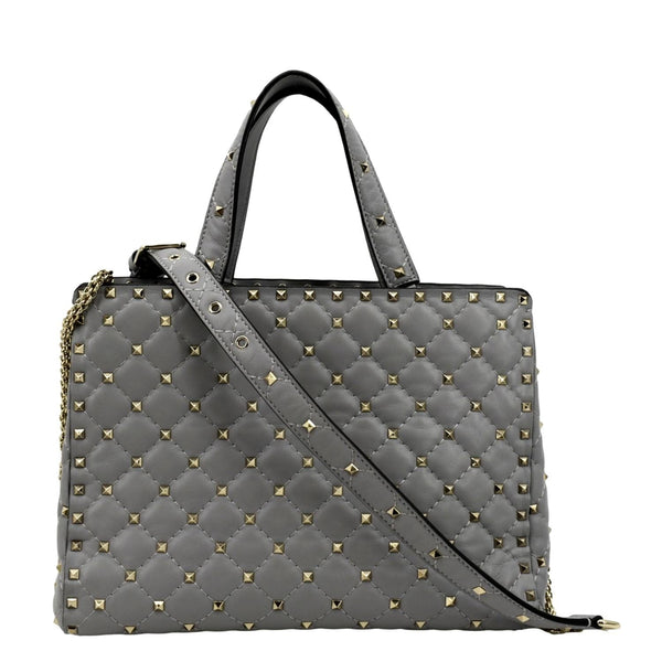 VALENTINO Rockstud Spike Quilted Leather Tote Crossbody Bag Grey