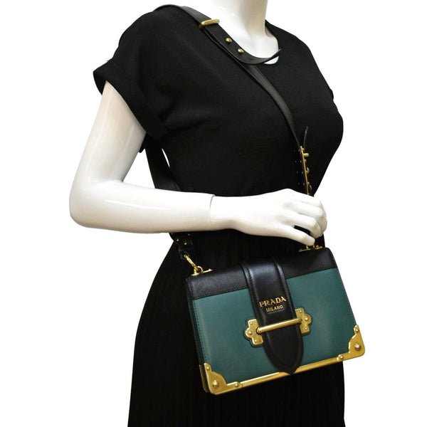 PRADA Cahier Swarovski Crystals Leather Shoulder Bag Green