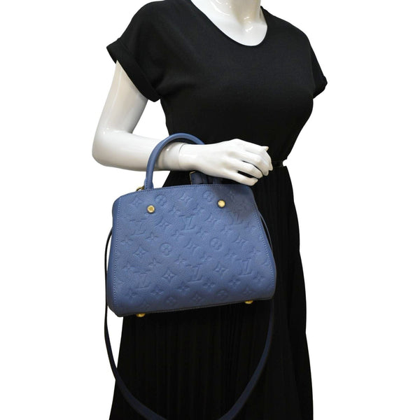 LOUIS VUITTON Montaigne BB Monogram Empreinte Leather Satchel Bag Blue