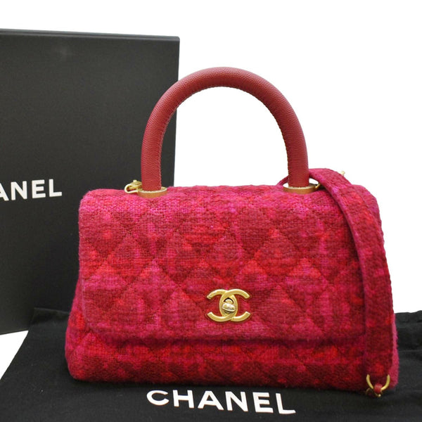 CHANEL Coco Top Handle Tweed Shoulder Bag Pink