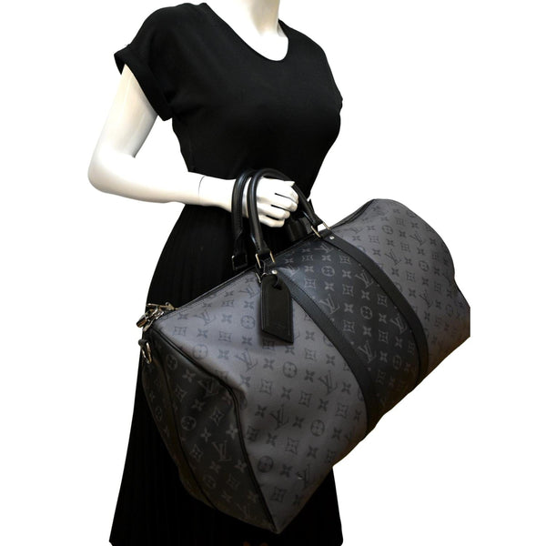 LOUIS VUITTON Keepall 50 Bandouliere Monogram Eclipse Canvas Travel Bag Black
