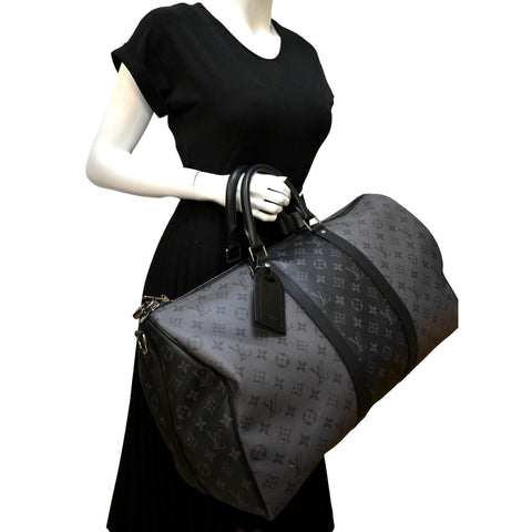 LOUIS VUITTON Keepall 50 Bandouliere Monogram Eclipse Canvas Travel Bag Black