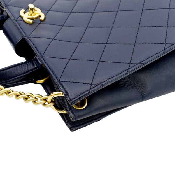 CHANEL Small Straight Lined Shopping Quilted Leather Tote Bag Blue