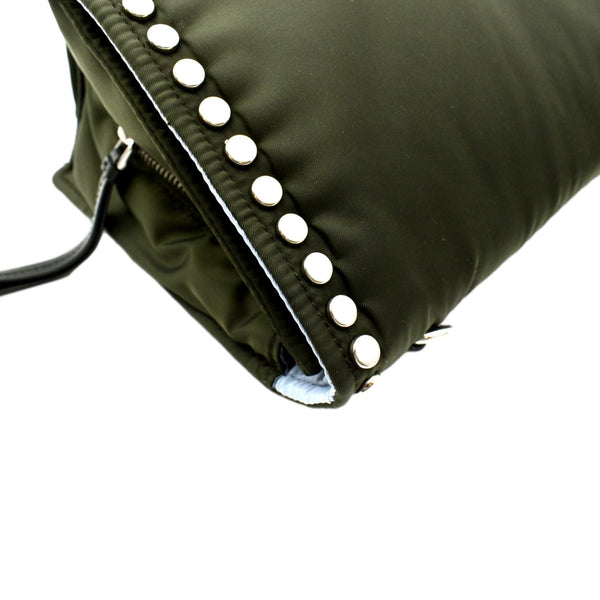 PRADA Tessuto Studded Etiquette Nylon Shoulder Bag Olive Green