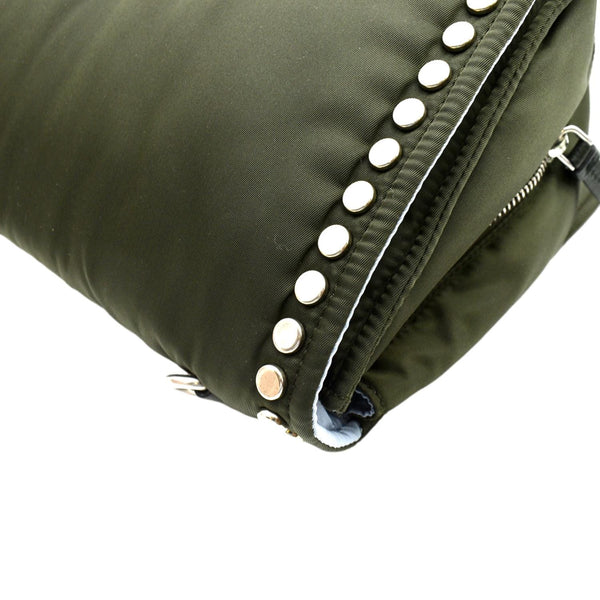 PRADA Tessuto Studded Etiquette Nylon Shoulder Bag Olive Green