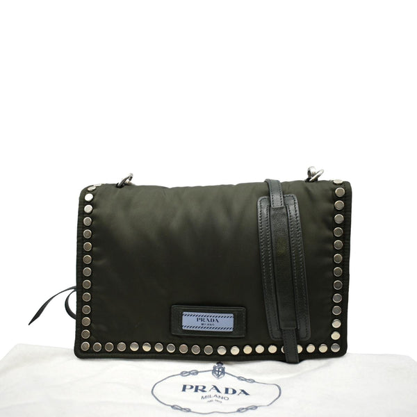 PRADA Tessuto Studded Etiquette Nylon Shoulder Bag Olive Green