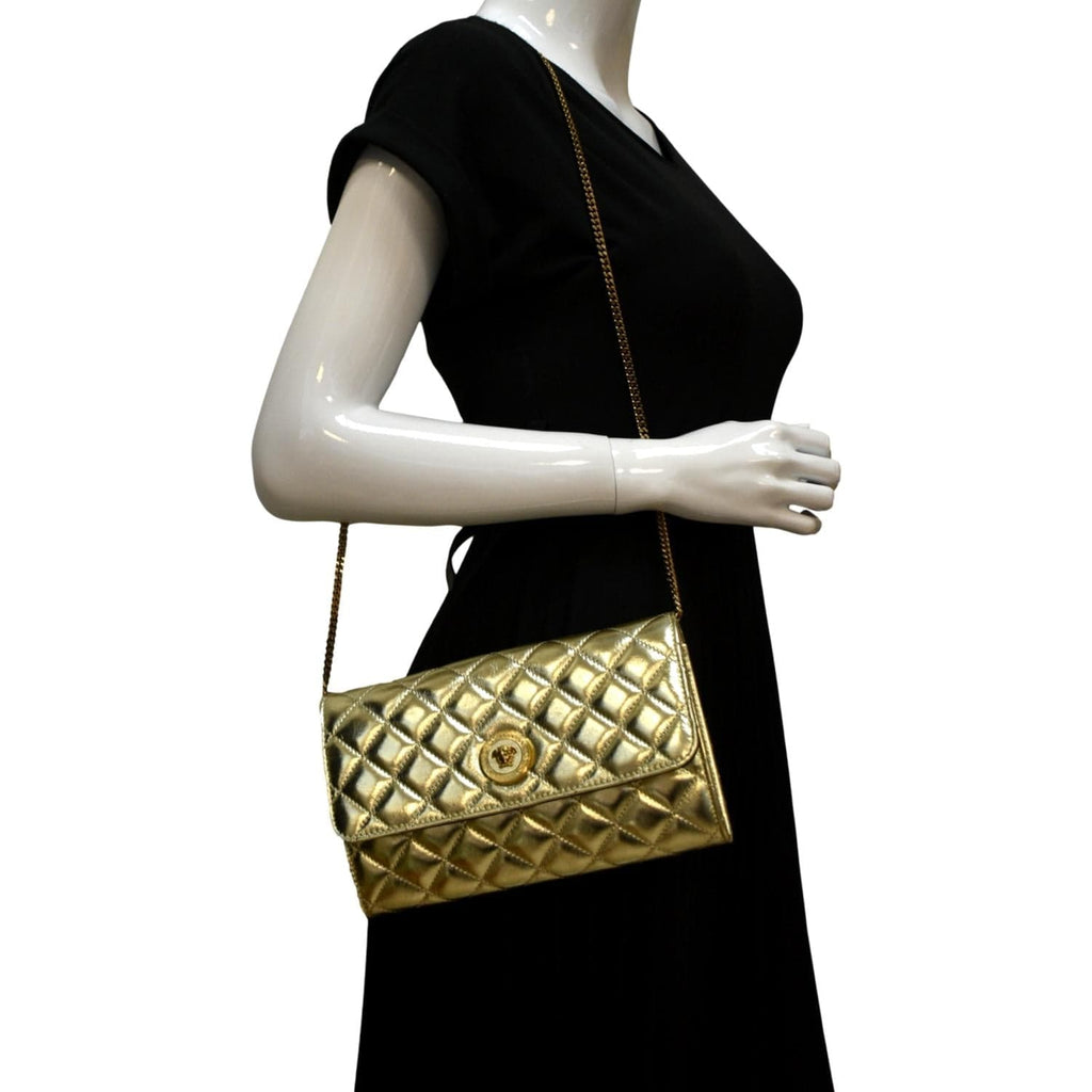 VERSACE Medusa Wallet On Chain Metallic Leather Crossbody Bag Gold