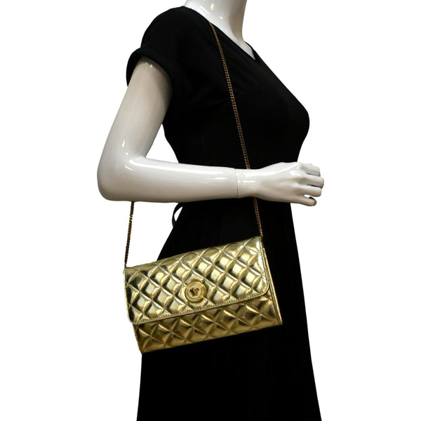 VERSACE Medusa Wallet On Chain Metallic Leather Crossbody Bag Gold