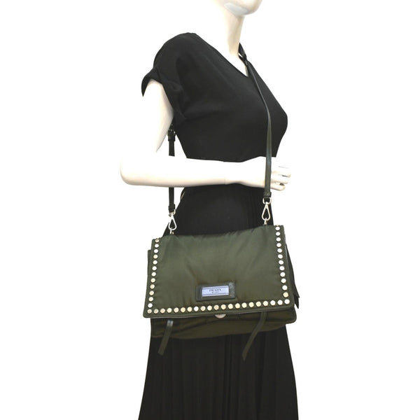 PRADA Tessuto Studded Etiquette Nylon Shoulder Bag Olive Green