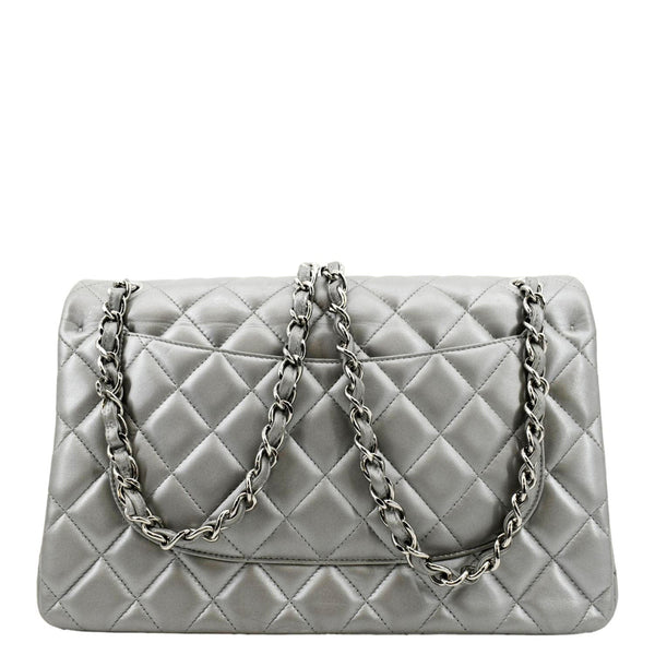 CHANEL Jumbo Flap Quilted Leather Shoulder Bag Metallic Silver