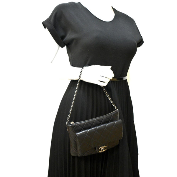 CHANEL Classic Flap with Zip Pocket Quilted Leather Satchel Shoulder Bag Black