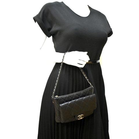 CHANEL Classic Flap with Zip Pocket Quilted Leather Satchel Shoulder Bag Black