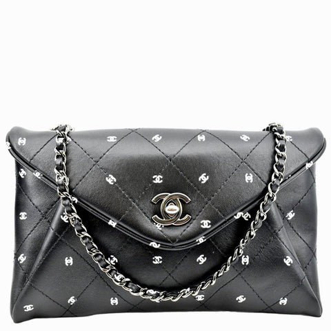 CHANEL CC Envelope Printed Lambskin Leather Chain Clutch Bag Black