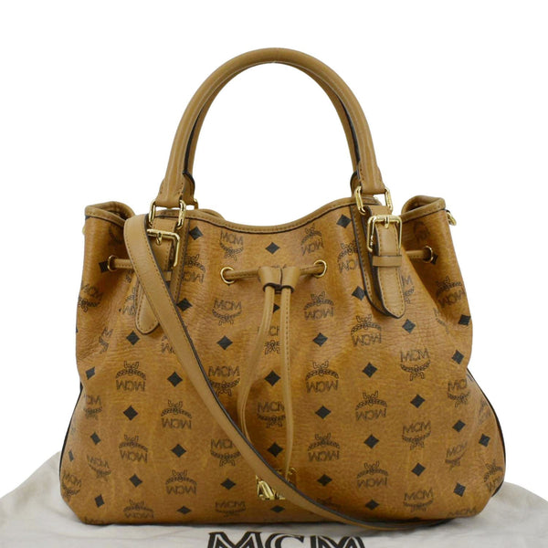 MCM Drawstring Visetos Monogram Print Tote Shoulder Bag Cognac