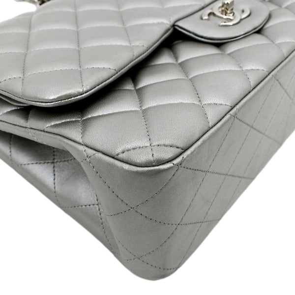 CHANEL Jumbo Flap Quilted Leather Shoulder Bag Metallic Silver