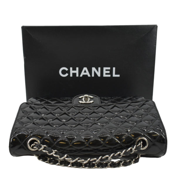 CHANEL Secret Label Flap Patent Leather Shoulder Bag Black