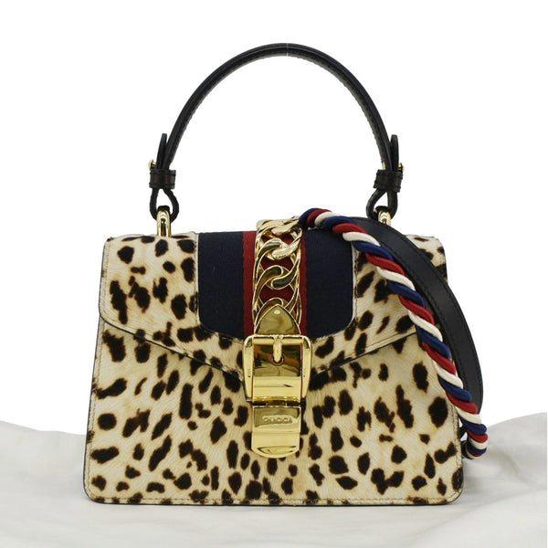 GUCCI Leopard Print Sylvie Mini Calf Hair Top Handle Shoulder Bag Beige 470270