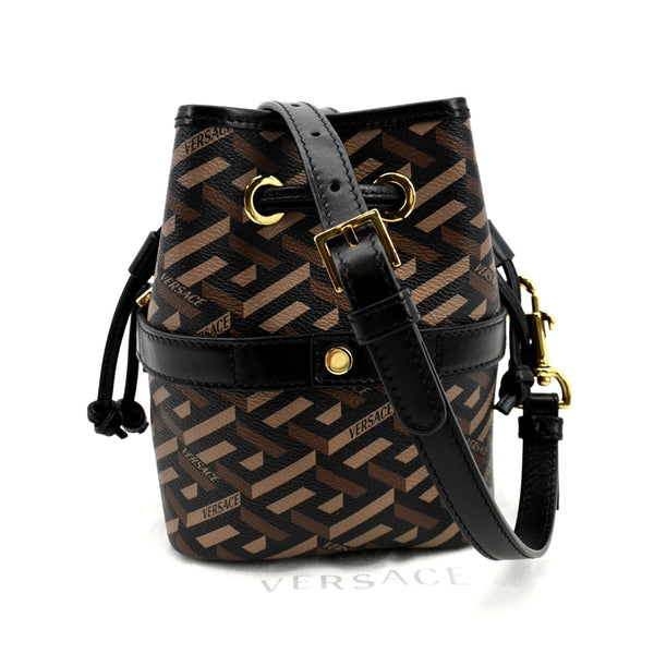 VERSACE La Greca Signature Mini Coated Canvas Bucket Shoulder Bag Black