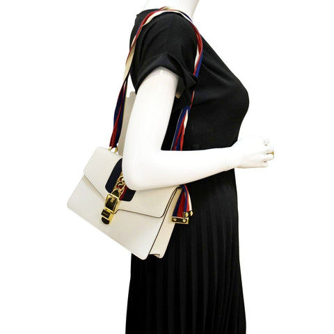 Gucci Sylvie Small Web Leather Shoulder Bag White 421882