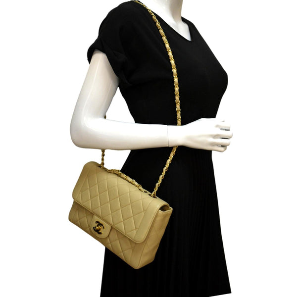 CHANEL Medium Quilted Lambskin Leather Flap Shoulder Bag Beige
