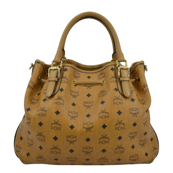 MCM Drawstring Visetos Monogram Print Tote Shoulder Bag Cognac