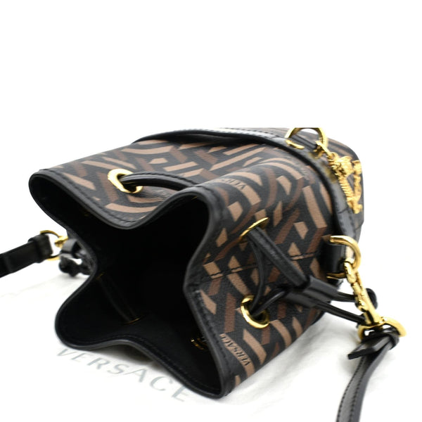 VERSACE La Greca Signature Mini Coated Canvas Bucket Shoulder Bag Black