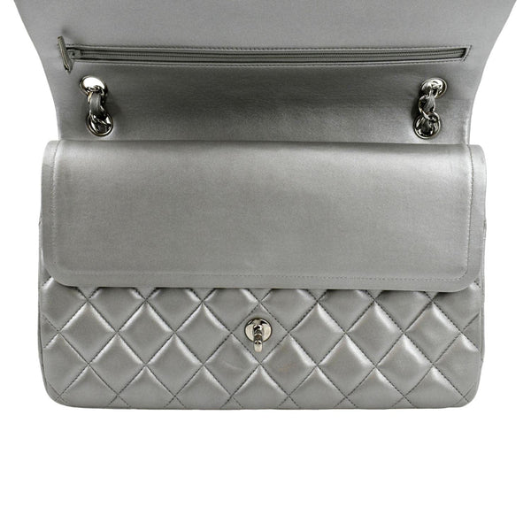 CHANEL Jumbo Flap Quilted Leather Shoulder Bag Metallic Silver