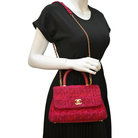 CHANEL Coco Top Handle Tweed Shoulder Bag Pink