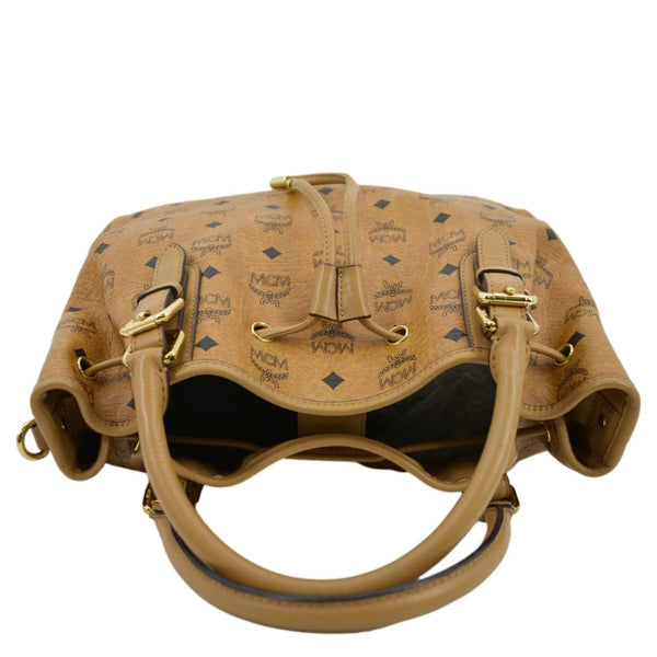 MCM Drawstring Visetos Monogram Print Tote Shoulder Bag Cognac