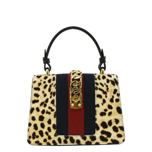 GUCCI Leopard Print Sylvie Mini Calf Hair Top Handle Shoulder Bag Beige 470270