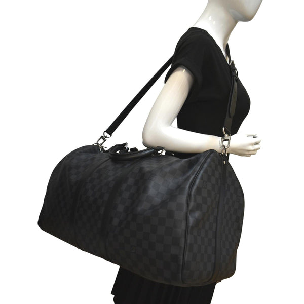 LOUIS VUITTON Keepall 55 Damier Graphite Bandouliere Travel Bag Black