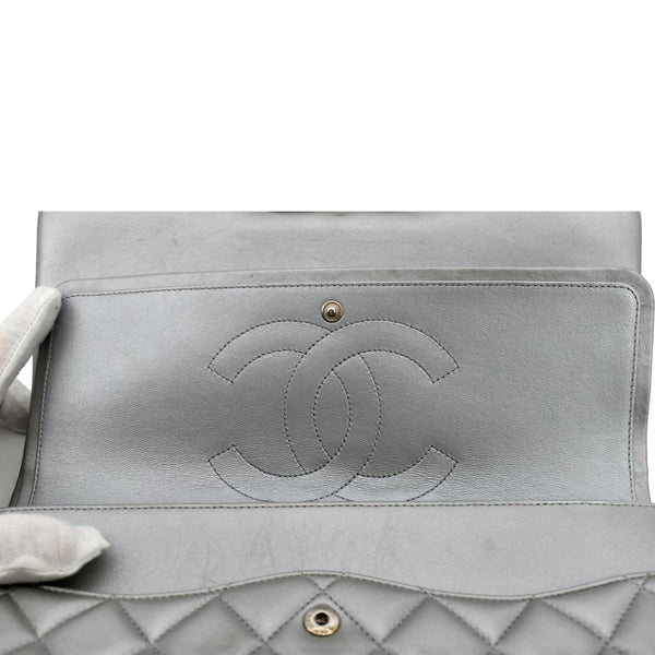 CHANEL Jumbo Flap Quilted Leather Shoulder Bag Metallic Silver