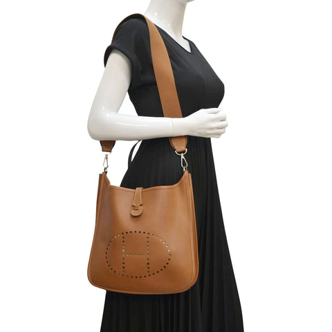 HERMES Evelyne PM III Clemence Leather Crossbody Bag Tan