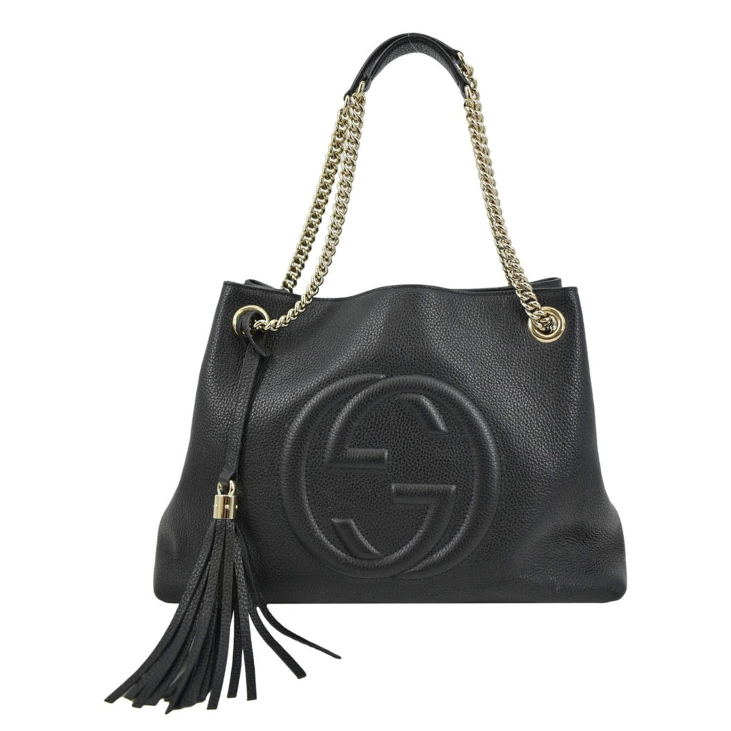 GUCCI Medium Soho Chain Pebbled Leather Tote Bag Black 536196