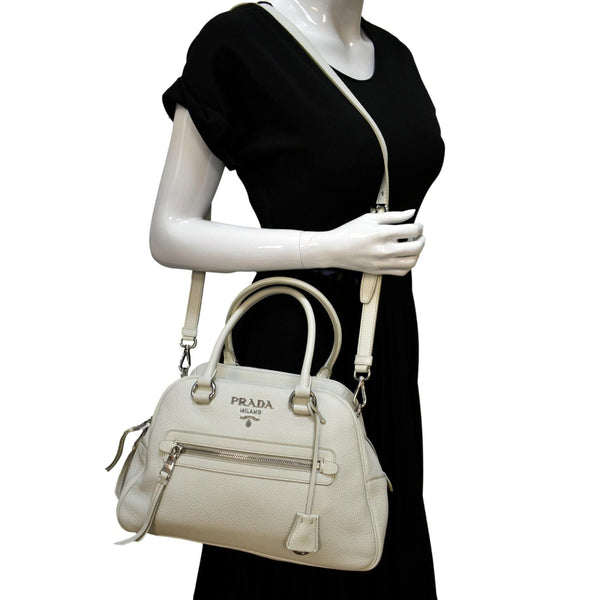 PRADA Front Pocket Leather Tote Shoulder Bag Ivory
