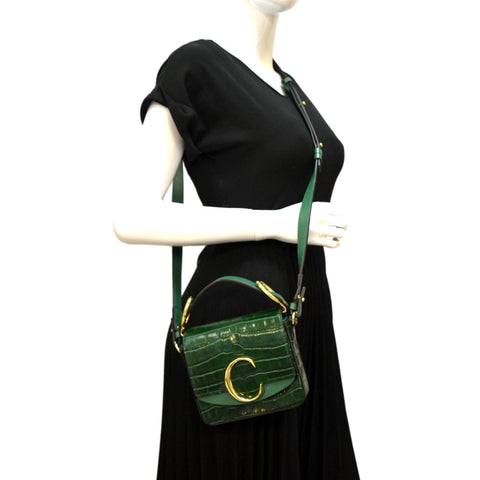 CHLOE Mini C Flap Double Carry Embossed Leather Crossbody Bag Green
