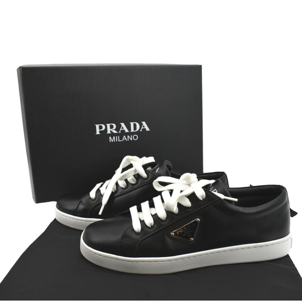 PRADA Logo Black And White Leather Sneakers Size 39 1/2