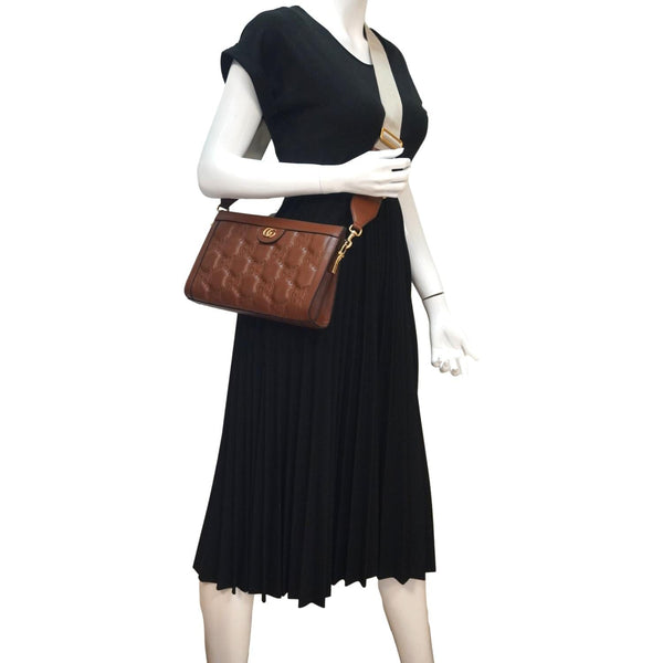 GUCCI Double G Small Matelasse Leather Shoulder Bag Brown 702200