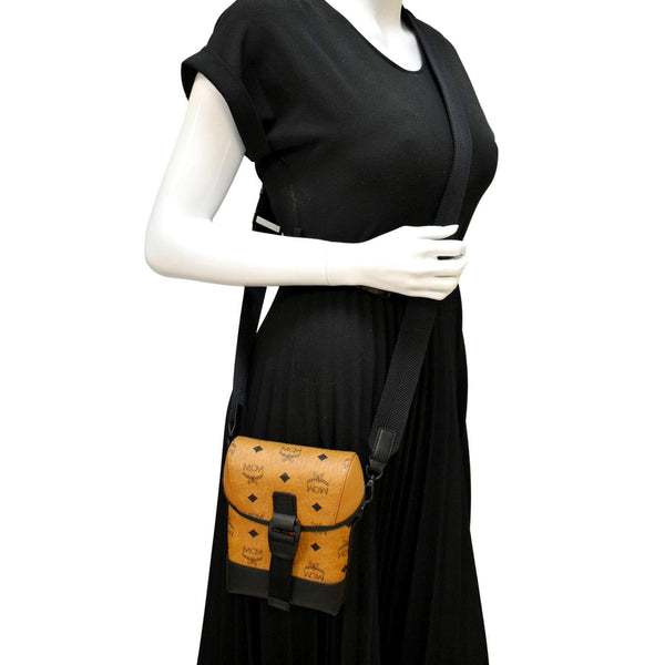 MCM Portuna Visetos Monogram Canvas Crossbody Bag in Cognac Color