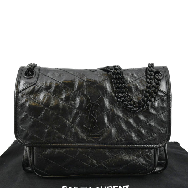 YVES SAINT LAURENT Niki Baby Crinkle Leather Shoulder Bag Black