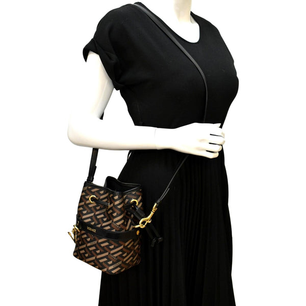 VERSACE La Greca Signature Mini Coated Canvas Bucket Shoulder Bag Black