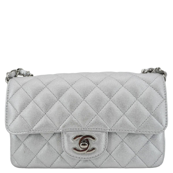 CHANEL Rectangular Flap Mini Lambskin Leather Shoulder Bag Silver Metallic