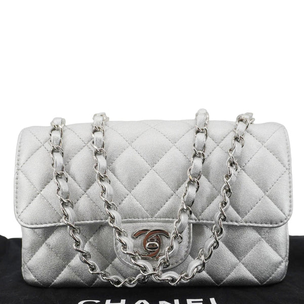 CHANEL Rectangular Flap Mini Lambskin Leather Shoulder Bag Silver Metallic
