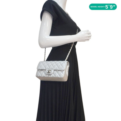 CHANEL Rectangular Flap Mini Lambskin Leather Shoulder Bag Silver Metallic