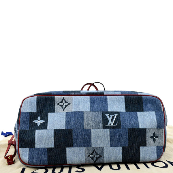 LOUIS VUITTON Neverfull MM Patchwork Monogram Denim Shoulder Bag Blue