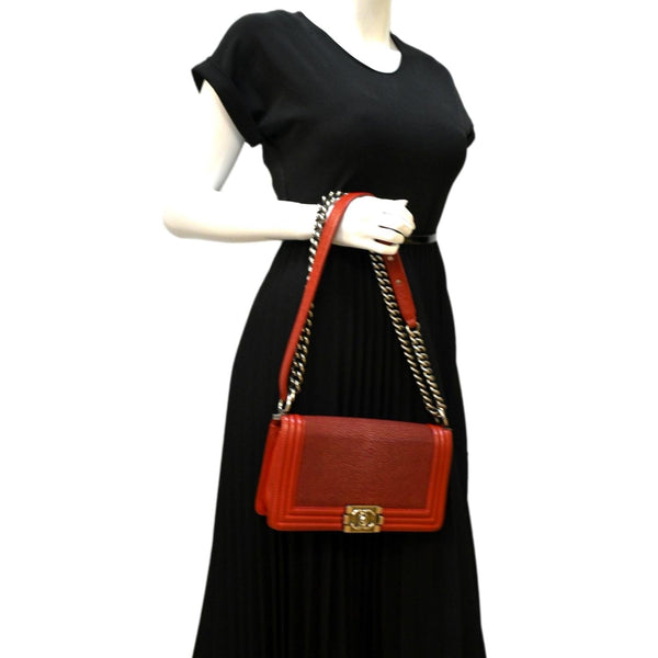 CHANEL Boy Flap with Stingray Leather Shoulder Bag Red - Final Sale